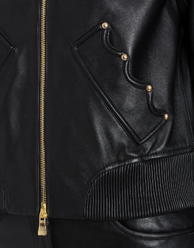 Shop Boutique Moschino Leather Biker With Crown Pockets In Black