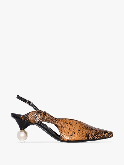 Shop Yuul Yie Brown Doreen 70 Snake-effect Slingback Pumps