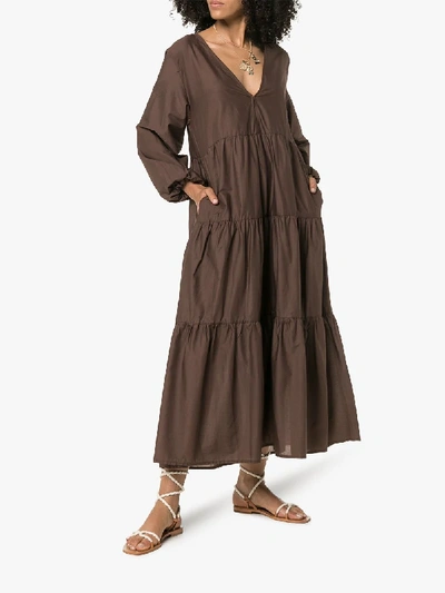 Shop Matteau V-neck Tiered Cotton Maxi Dress In Brown