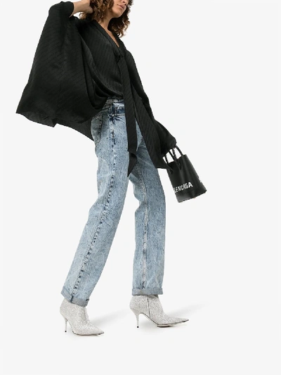Shop Balenciaga Jacquard Logo Asymmetric Silk Blouse In Black