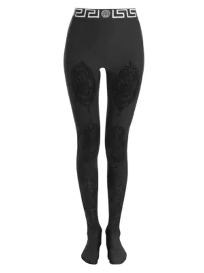 Shop Versace Lace Insert Tights In Black