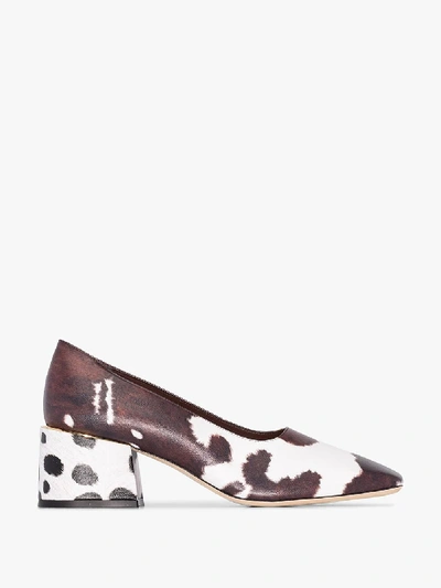 Shop Burberry White And Brown Margrette 50 Cow Print Leather Pumps