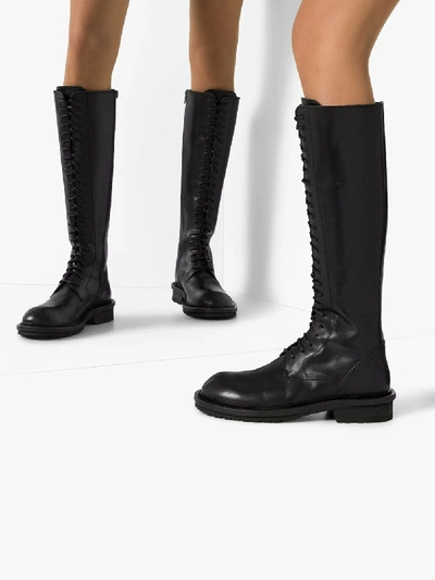 Shop Ann Demeulemeester Black Lace-up Knee-high Leather Boots