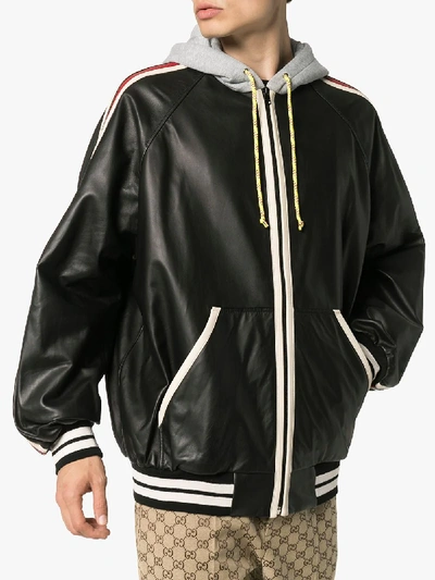 Shop Gucci Hooded Leather Jacket In Black