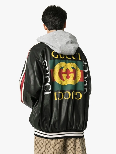 Shop Gucci Hooded Leather Jacket In Black