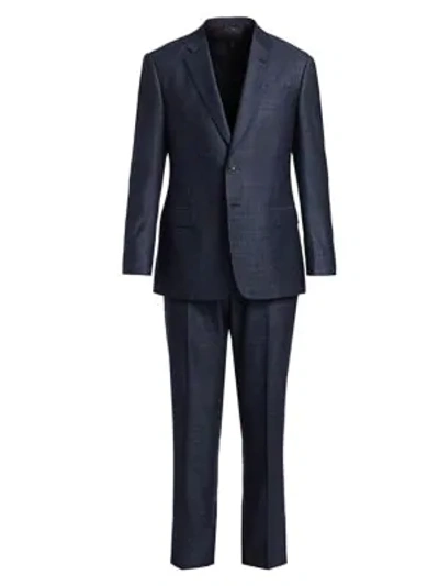 Shop Giorgio Armani Single-breasted Tonal Plaid Wool Suit In Navy
