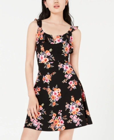 Shop Almost Famous Juniors' Ruffle-strap Fit & Flare Dress In Black Floral