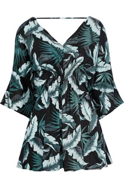 Shop Onia Alessandra Shirred Printed Twill Playsuit In Grey Green