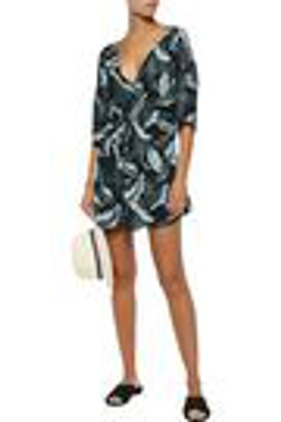 Shop Onia Alessandra Shirred Printed Twill Playsuit In Grey Green