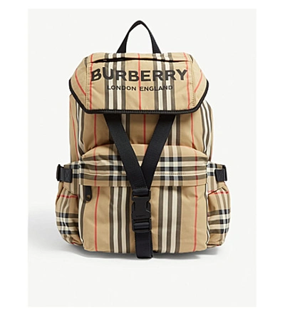 Shop Burberry Logo Print Icon Stripe Nylon Backpack In Archive Beige