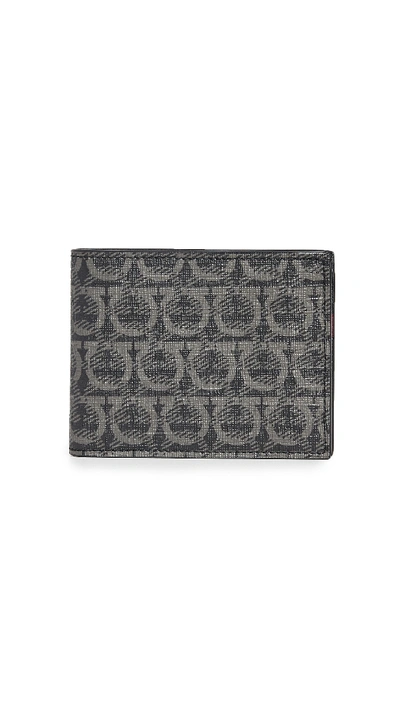 Shop Ferragamo Printed Gancio Bi-fold Wallet In Black/grey