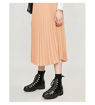 Shop Moncler High-rise Pleated Woven Midi Skirt In Beige