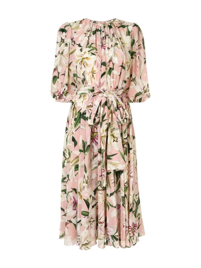 Shop Dolce & Gabbana Lily Print Belted Dress In Pink