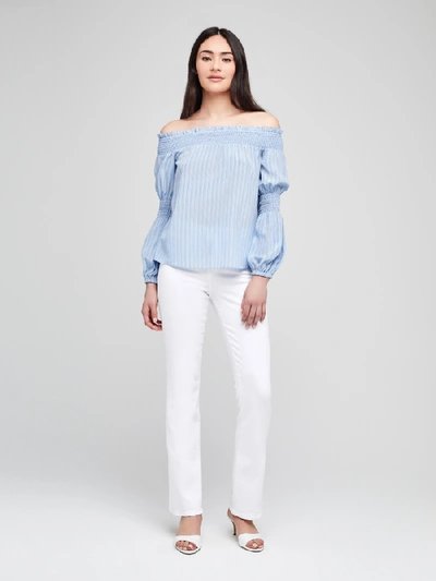 Shop L Agence Mona Smocked Blouse In Sky Blue Multi Stripe