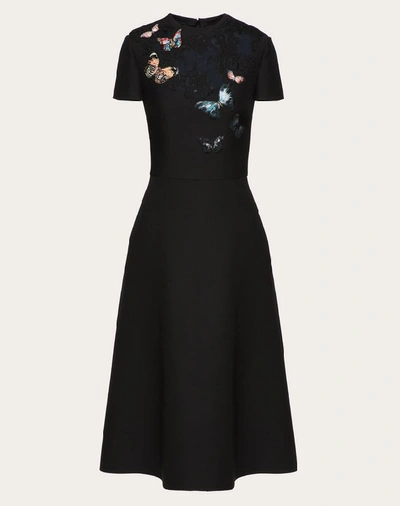 Shop Valentino Crepe Couture Dress With Butterfly Embroidery And Lace Detail In Black