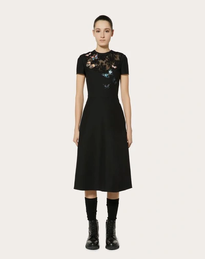 Shop Valentino Crepe Couture Dress With Butterfly Embroidery And Lace Detail In Black