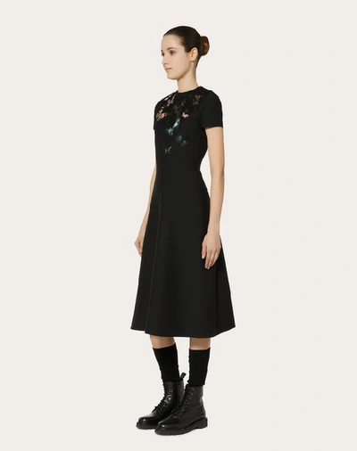 Shop Valentino Crepe Couture Dress With Butterfly Embroidery And Lace Detail In Black
