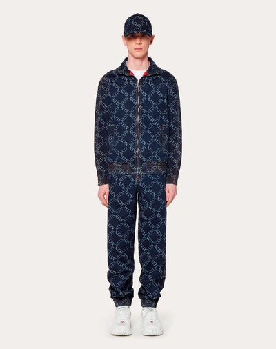 Shop Valentino Uomo Jogging Bottoms In Denim Jacquard With Vltn Grid In Navy