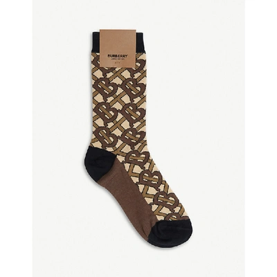 Shop Burberry Monogram Pattern Cotton-blend Socks In Bridle Brown