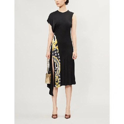 Shop Versace Baroque Voyage-panel Stretch-woven Midi Dress In Gold Print