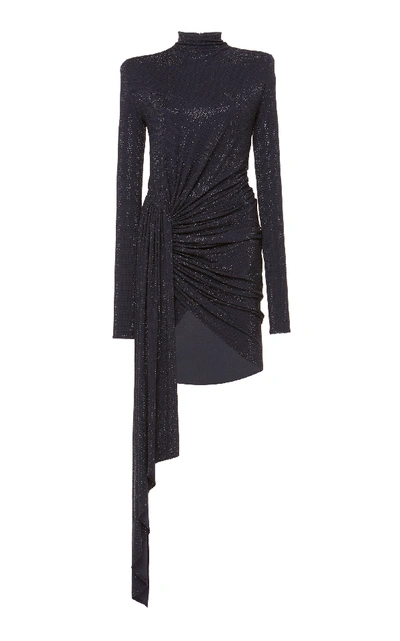 Shop Alexandre Vauthier Asymmetric Ruched Metallic Stretch-jersey Mini Dress In Navy