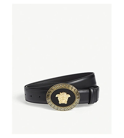 Shop Versace Medusa Plaque Leather Belt In Black Gold