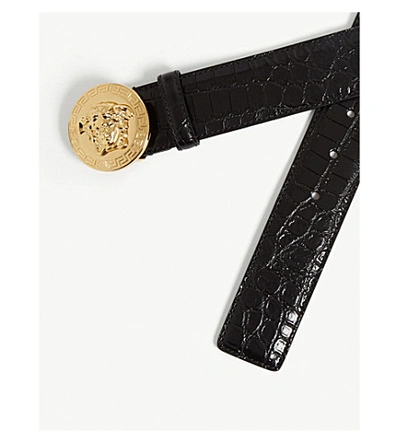 Shop Versace Medusa Head Buckle Croc-embossed Leather Belt In Black Gold