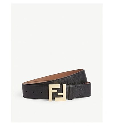 Shop Fendi Logo Buckle Leather Belt In Black Gold