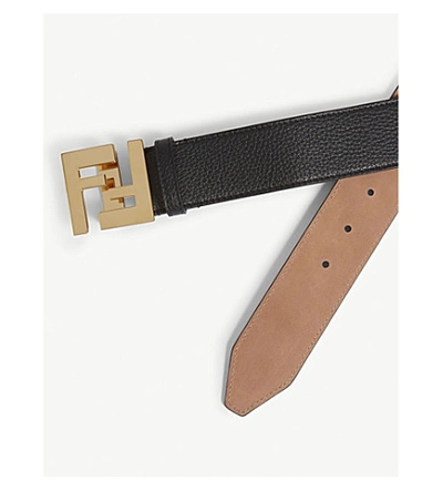 Shop Fendi Logo Buckle Leather Belt In Black Gold