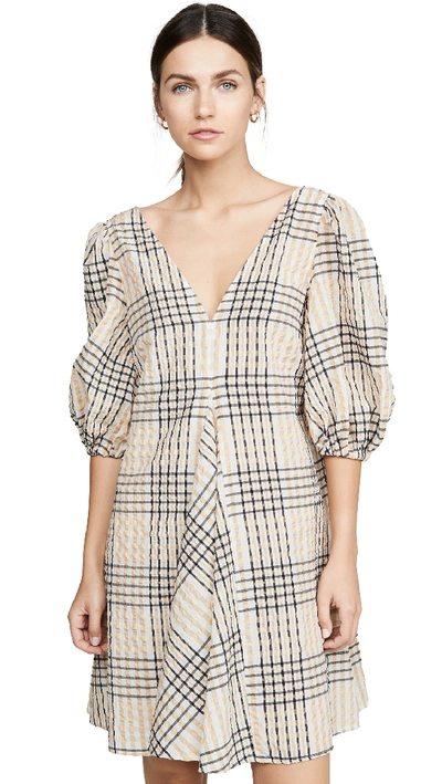 Shop Ganni Seersucker Check Dress In Irish Cream