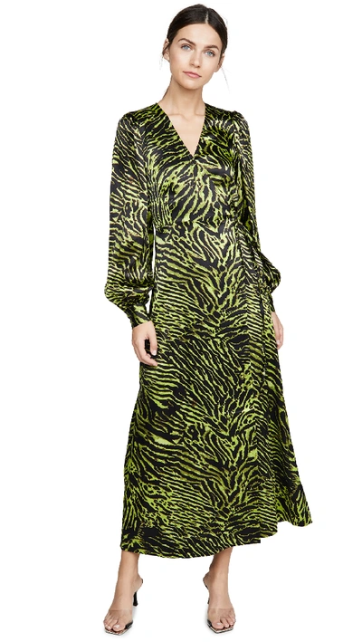 Shop Ganni Silk Stretch Satin Dress In Lime Tiger