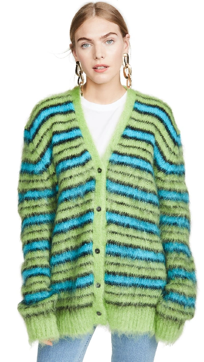 Shop Marni Striped Mohair Cardigan In Acid Green Stripe