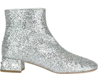 Shop Miu Miu Glittered Boots In Silver