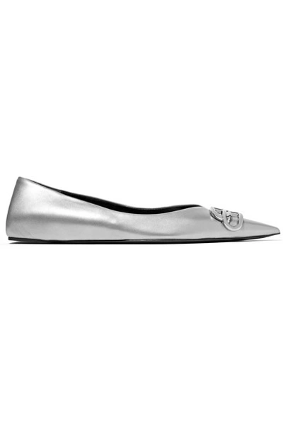 Shop Balenciaga Square Knife Logo-embellished Metallic Leather Point-toe Flats In Silver