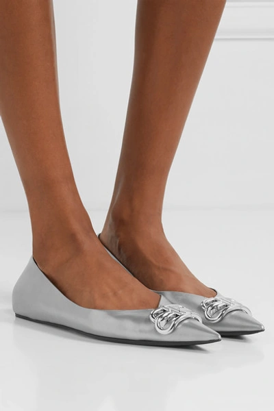 Shop Balenciaga Square Knife Logo-embellished Metallic Leather Point-toe Flats In Silver