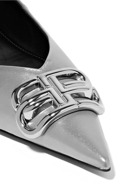 Shop Balenciaga Square Knife Logo-embellished Metallic Leather Point-toe Flats In Silver