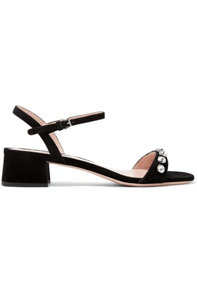 Shop Miu Miu Crystal-embellished Suede Sandals In Black