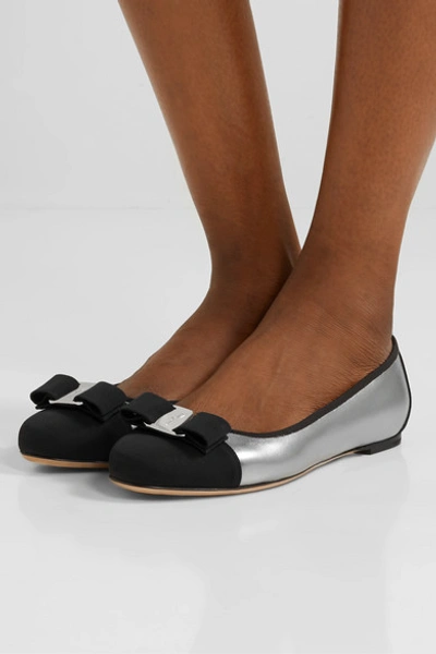 Shop Ferragamo Varina Bow-embellished Faille-trimmed Metallic Leather Ballet Flats In Silver