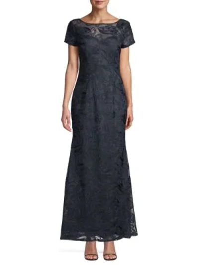Shop Js Collections Embroidered Lace A-line Gown In Navy