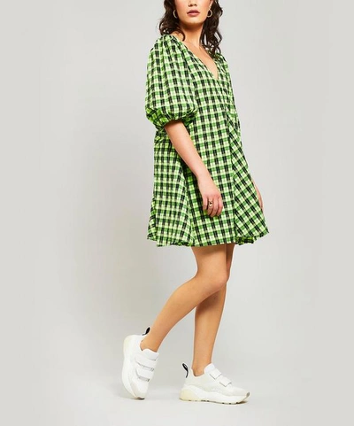 Shop Ganni Seersucker Checked Mini Dress In Neon Maize