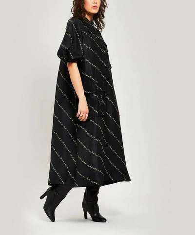 Ganni Floral Silk-linen Oversized Maxi Dress In Black | ModeSens