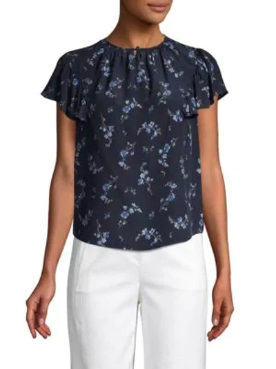 Shop Rebecca Taylor Floral Flutter-sleeve Silk Top In Navy Combo