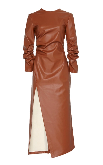 Shop A.w.a.k.e. Faux Leather Gathered Midi Dress In Brown