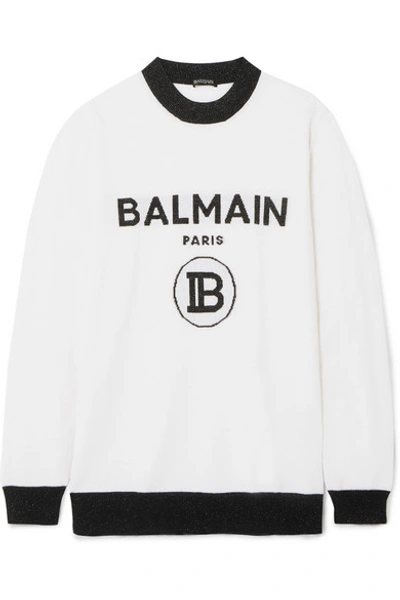 Shop Balmain Metallic Intarsia Wool-blend Sweater In White