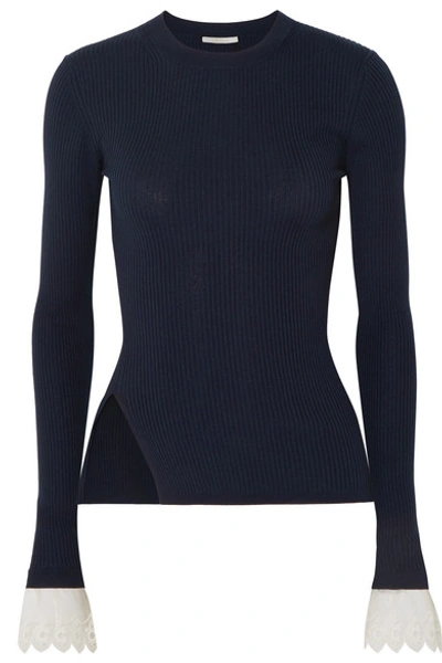 Shop Chloé Organza-trimmed Ribbed-knit Sweater In Navy