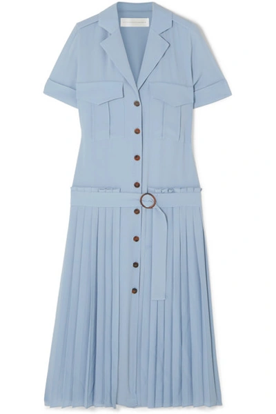 Shop Victoria Victoria Beckham Pleated Crepe Shirt Dress In Blue