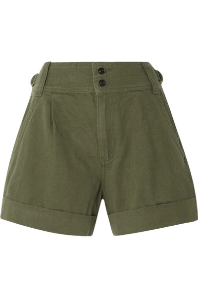 Shop Current Elliott Cotton And Linen-blend Twill Shorts In Army Green