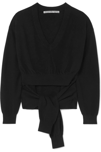 Shop Alexander Wang Tie-detailed Cutout Wool-blend Sweater In Black