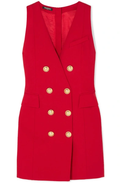 Shop Balmain Button-embellished Wool-twill Mini Dress In Red