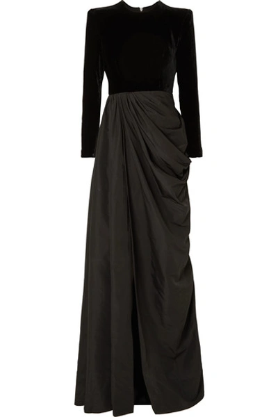 Shop Alex Perry Chandler Draped Taffeta And Velvet Gown In Black